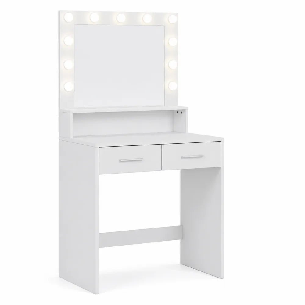 Coiffeuse en bois avec miroir éclairé et deux tiroirs