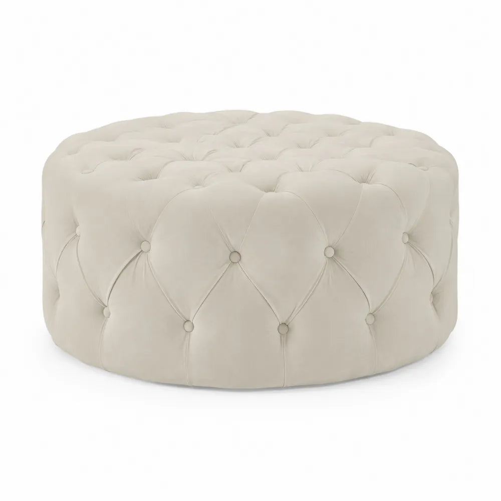 Pouf rond en velours Beige avec structure en bois massif 80 cm