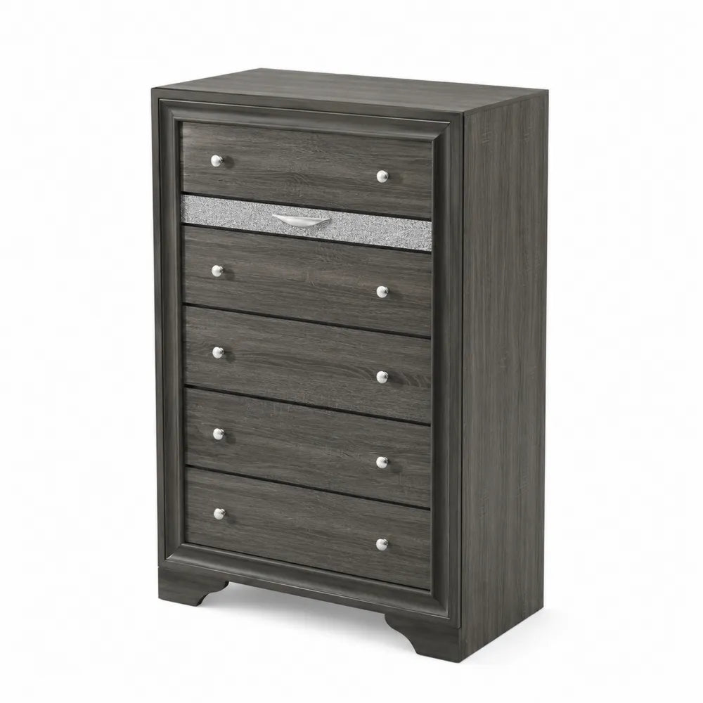 Commode en Bois Gris avec Poignées Métalliques et Tiroir Effet Pailleté