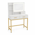 Table de Maquillage Blanc avec Miroir LED et Cadre Doré