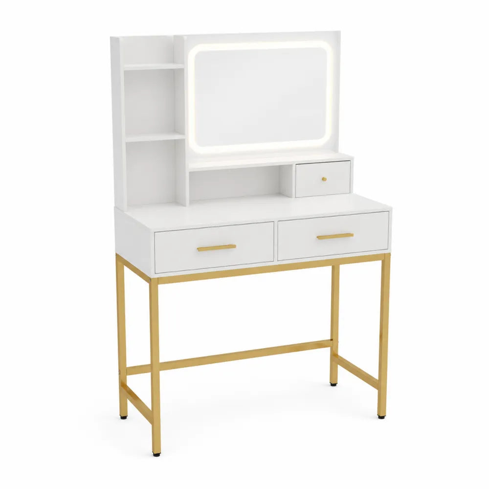 Table de Maquillage Blanc avec Miroir LED et Cadre Doré