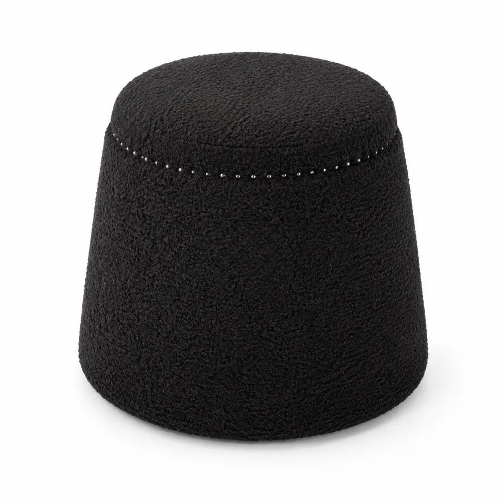 Tabouret rond en tissu bouclé noir avec détails en clous