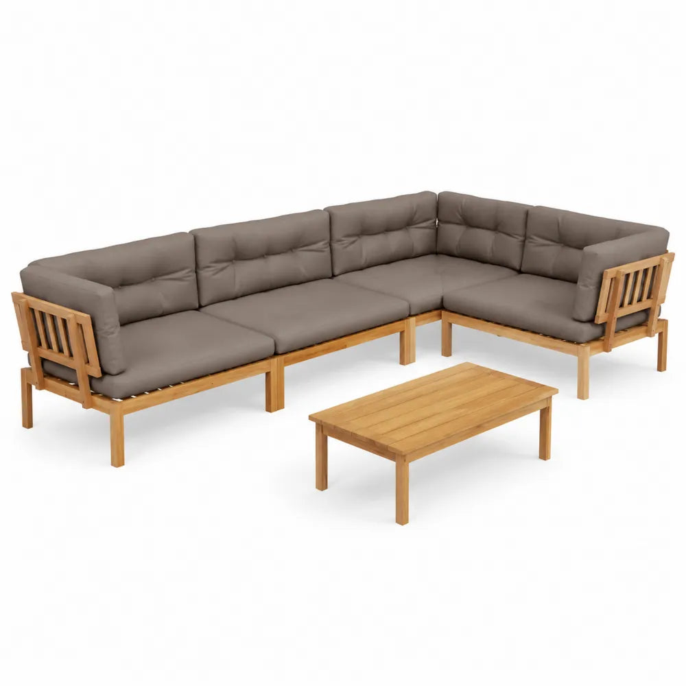 Canapé d'angle en bois avec coussins gris