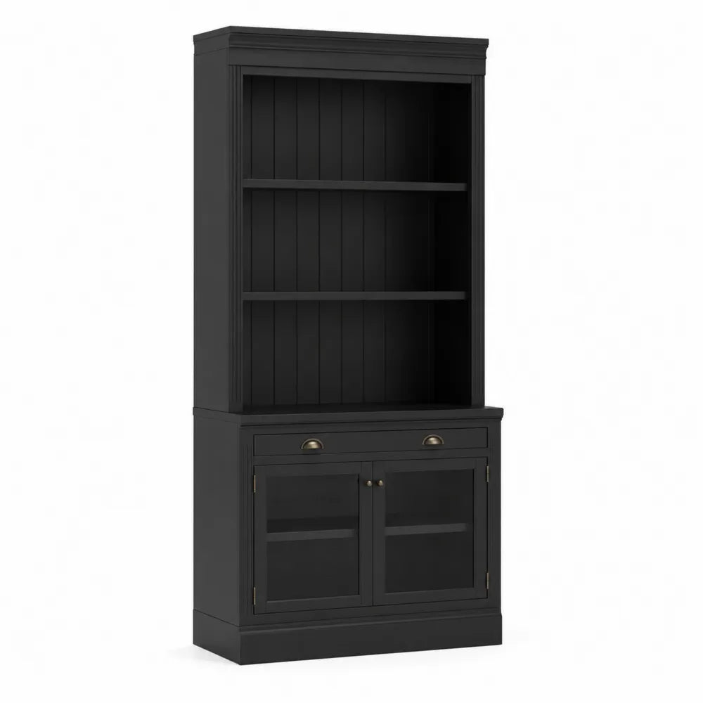 Bibliothèque en bois noir avec portes en verre trempé