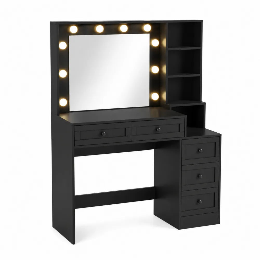Coiffeuse en bois noir avec miroir LED et étagères