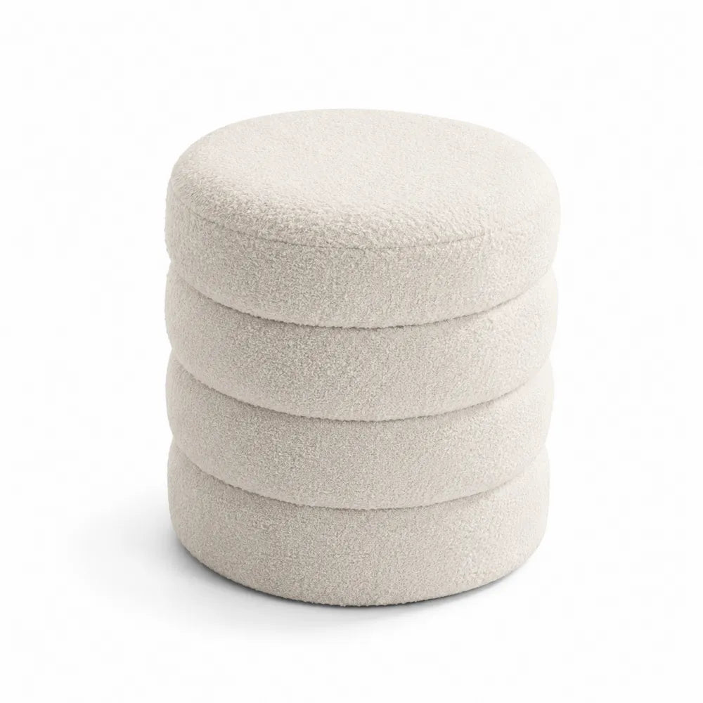 Repose-pieds rond en tissu bouclé écru